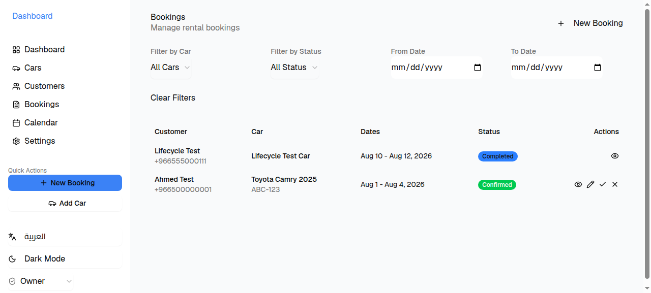 MacroRentals bookings list